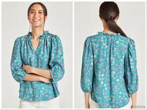 Thought Chandri Crepe Blouse Midori Green Blue Floral Print Size 6